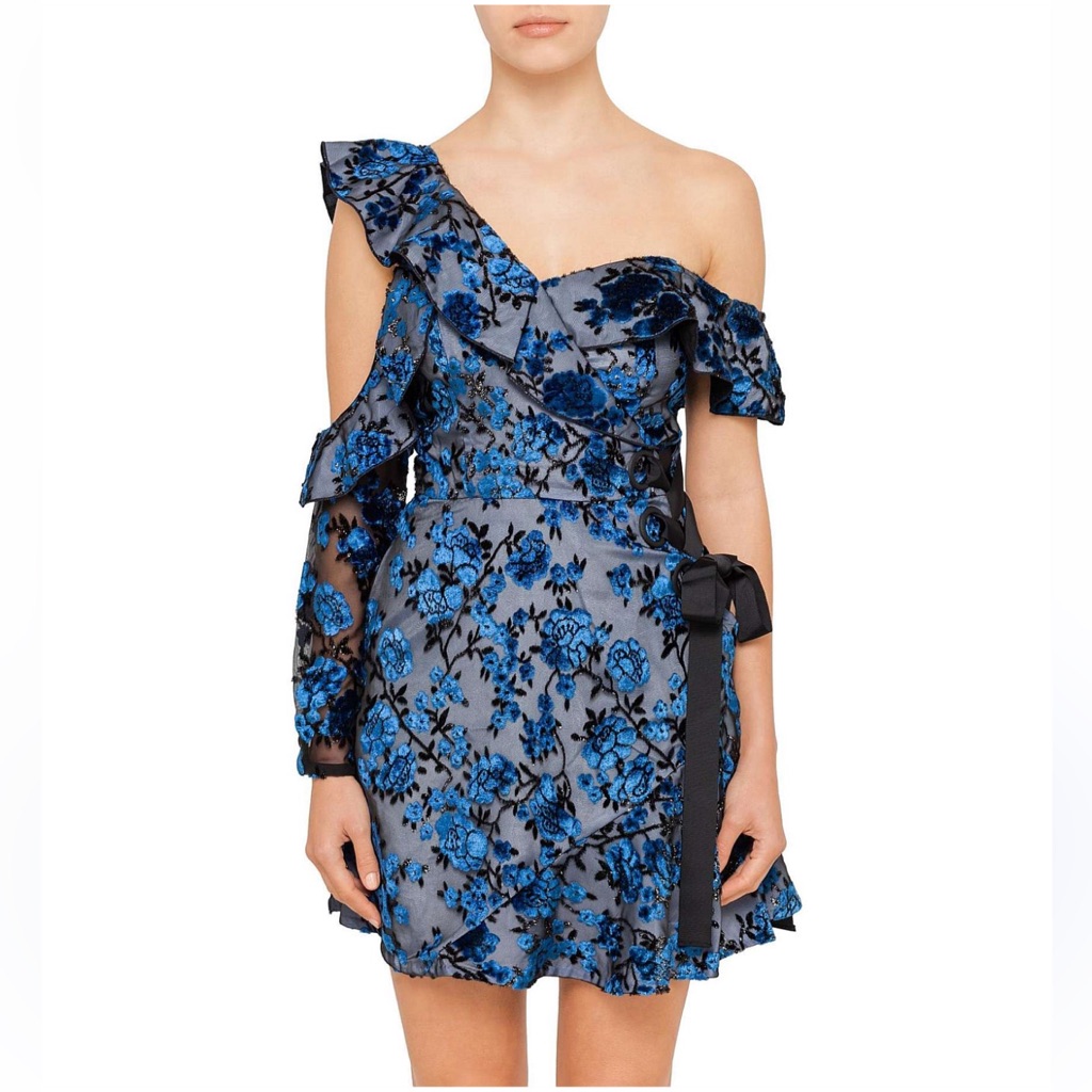 Self-Portrait Women’s 0 Black Blue Floral Velvet Eyelet Wrap Mini Dress